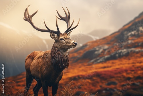 Red deer in the highlands of Scotland, UK. Autumn season, deer in the wild HD 8K wallpaper Stock Photographic Image, AI Generated