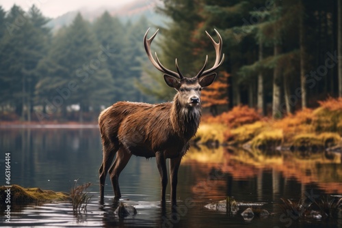 Red deer stag in a lake in autumn, Scotland, UK, deer in the wild HD 8K wallpaper Stock Photographic Image, AI Generated © Iftikhar alam