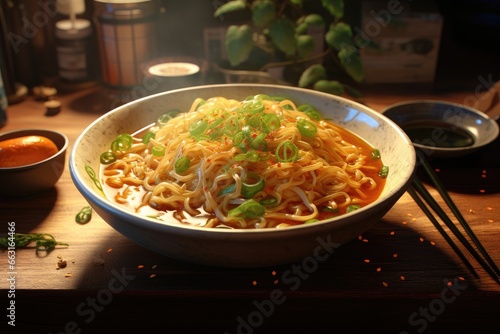 Noodles in a bowl on a wooden table with chopsticks, Delicious bowl of ramen noodles, AI Generated
