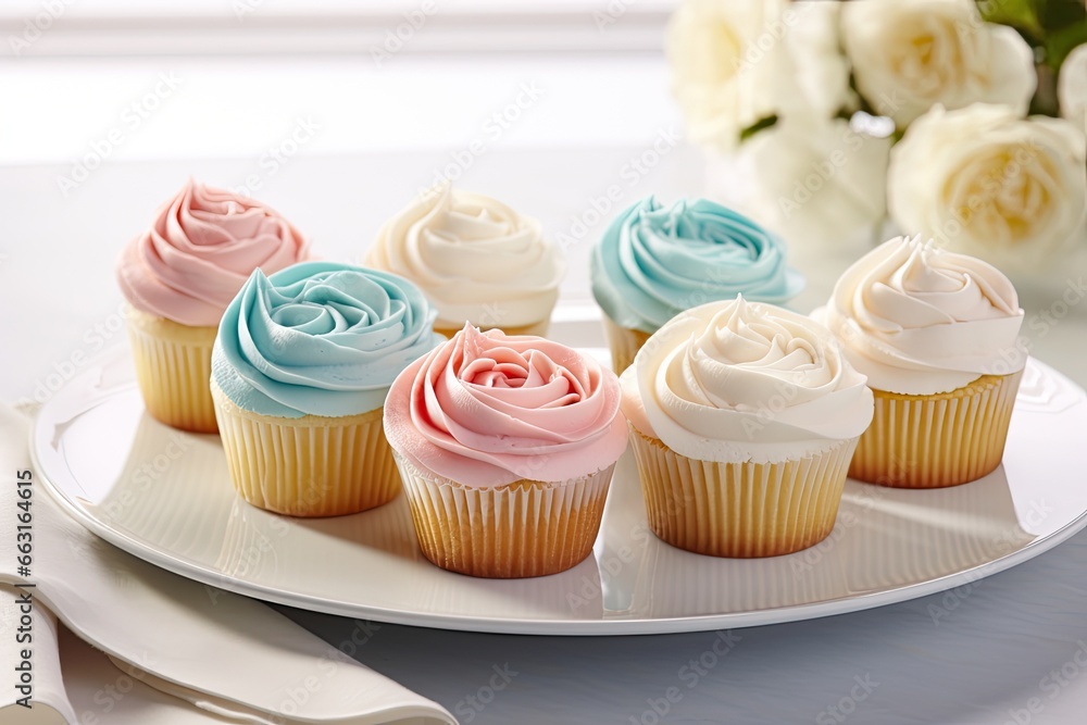 Cupcakes decorated with pink and blue frosting and roses on a plate, Delight in a collection of beautifully crafted cup, AI Generated