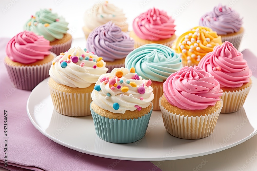 Cupcakes with colorful frosting on white plate, closeup, Delight in a collection of beautifully crafted cup, AI Generated Cupcakes with colorful frosting on white plate, closeup, Delight in a collection of beautifully crafted cup, AI Generated