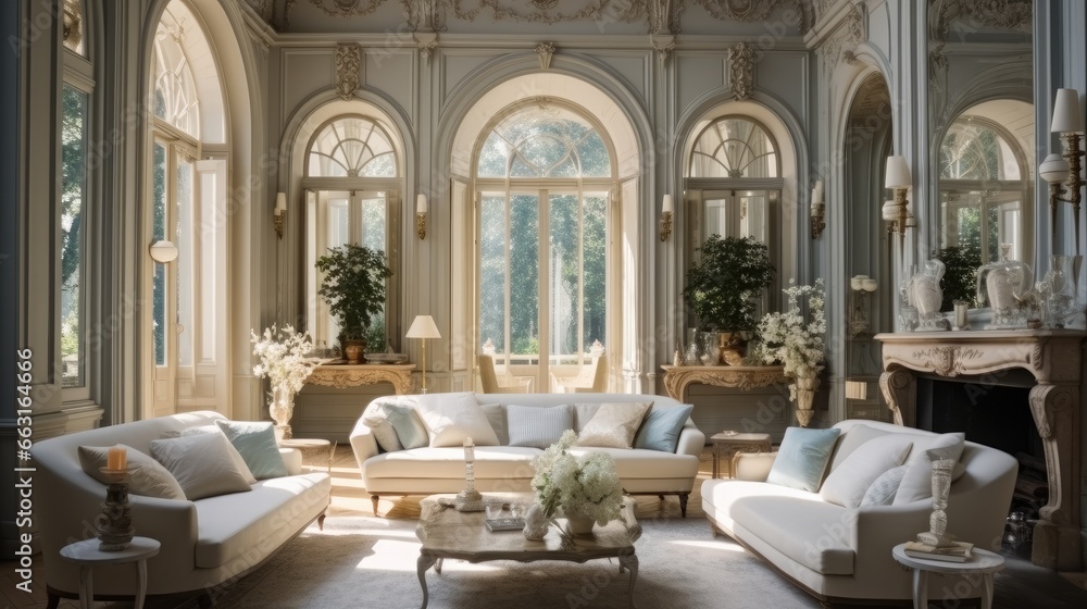 Luxury living room with Arch windows mirror and plaster mouldings.