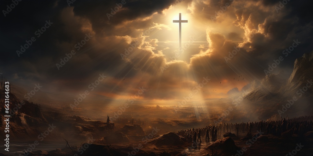 Holy cross symbolizing the death and resurrection of Jesus Christ with The sky over Golgotha Hill is shrouded in light and clouds - obrazy, fototapety, plakaty 