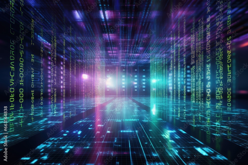 Abstract technology background with binary code and glowing lines. 3D Rendering, Digital binary code and AI algorithms running in the background, Modern server way, AI Generated Abstract technology background with binary code and glowing lines. 3D Rendering, Digital binary code and AI algorithms running in the background, Modern server way, AI Generated