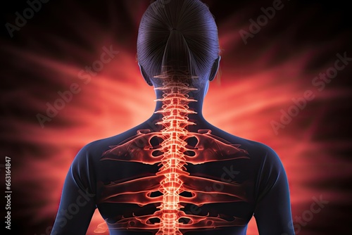 3D illustration of human body anatomy - Spinal cord pain, Digital composite of highlighted spine of woman rear view with back pain, AI Generated