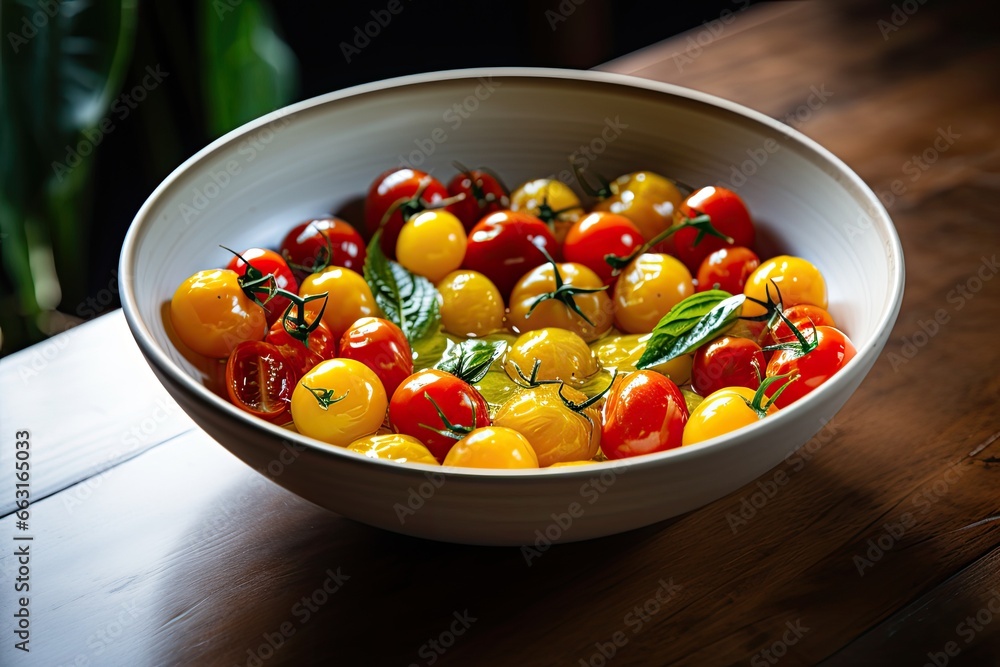 Bowl of yellow and red cherry tomatoes with basil on wooden table, Dish of small red and yellow tomatoes, AI Generated Bowl of yellow and red cherry tomatoes with basil on wooden table, Dish of small red and yellow tomatoes, AI Generated