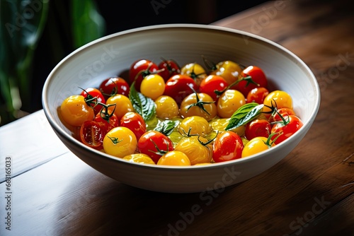 Bowl of yellow and red cherry tomatoes with basil on wooden table, Dish of small red and yellow tomatoes, AI Generated