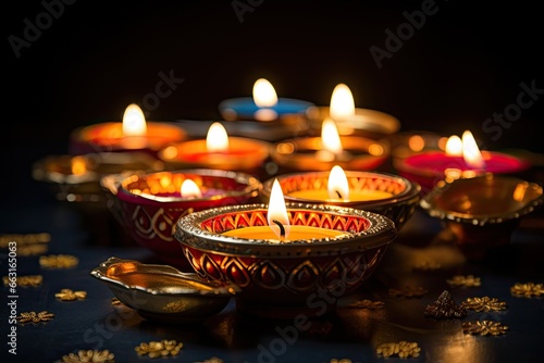 Indian festival Diwali, Diya oil lamps lit on colorful rangoli. Hindu traditional, Diwali festival of lights tradition Diya oil lamps against dark background, AI Generated