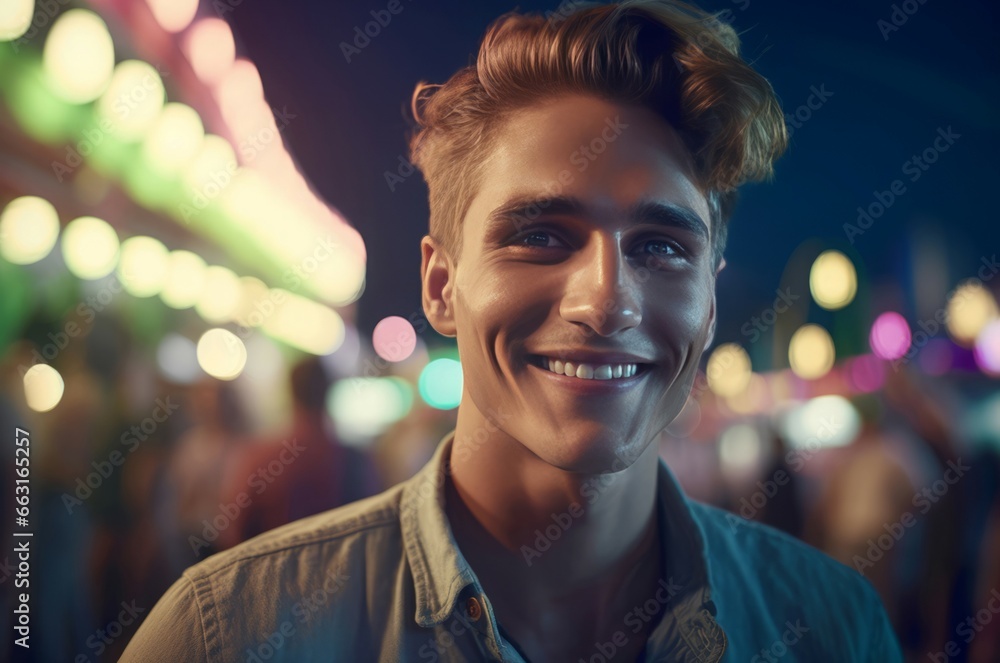 Young blonde man. Young male model posing on colorful illuminated street. Generate ai Young blonde man. Young male model posing on colorful illuminated street. Generate ai