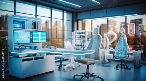 Interior of modern medical office, Doctor's workplace, Empty Doctors Office, Medical technology concepts.