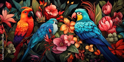 Fototapeta Naklejka Na Ścianę i Meble -  Seamless pattern background influenced by the organic forms and vibrant colors of tropical rainforests with colourful birds and flowers