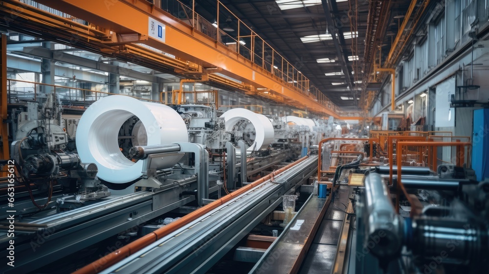 Fototapeta premium Modern seam pipe factory production line, New manufactured pipes.