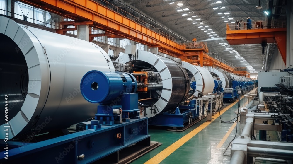 Modern seam pipe production line at heavy industrial plants. Modern seam pipe production line at heavy industrial plants.