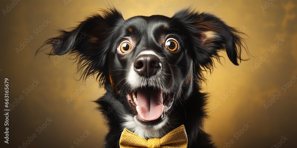 Surprised dog in glasses holding opened book, on yellow background, studio portrait Surprised dog in glasses holding opened book, on yellow background, studio portrait