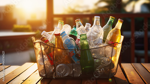 Recycling bin with bottles on wooden table, closeup view photo