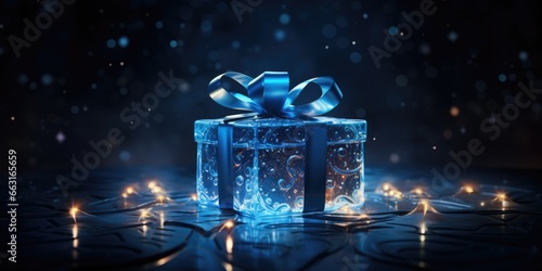 Magic light shines from open blue gift box  AI Generative