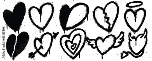 Set spray paint. Collection of heart, broken heart, angel heart, heart arrow, heart wings, devil heart Isolated Vector
