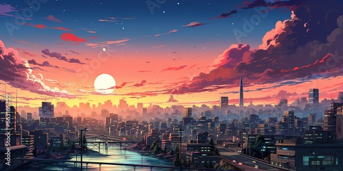 90's Japanese animation style city view, retro concept illustration