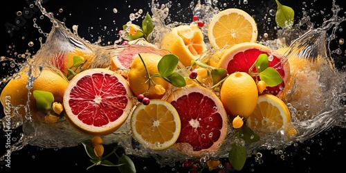A bunch of grapefruits and lemons are splashing into the water.