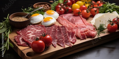 A cutting board with sliced meat, eggs, tomatoes, and other ingredients.