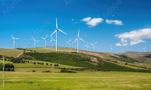 Wind turbines on hill with blue sky