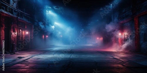 A dark empty street, dark blue background, an empty dark scene, neon light, spotlights The asphalt floor and studio room with smoke float up the interior texture. © Coosh448