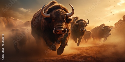 A Herd of buffalos stampedes across a barren landscape, a cloud of dust trailing behind them