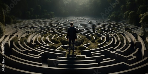 A man standing in front of a large maze