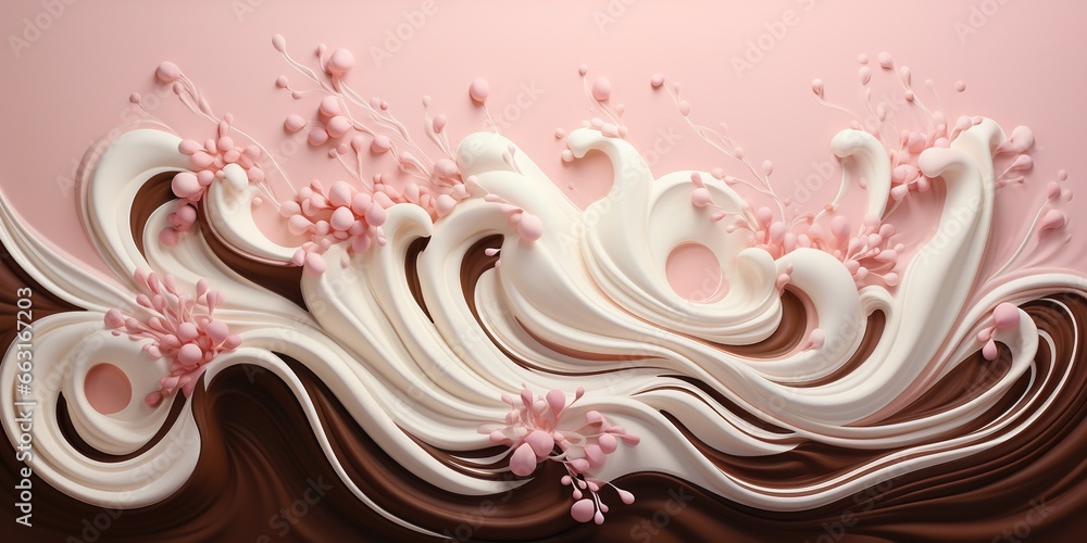 A painting of flowing chocolate and white liquid on a beige background with a pink background and a white and pink background with a white and brown swirl. A painting of flowing chocolate and white liquid on a beige background with a pink background and a white and pink background with a white and brown swirl.