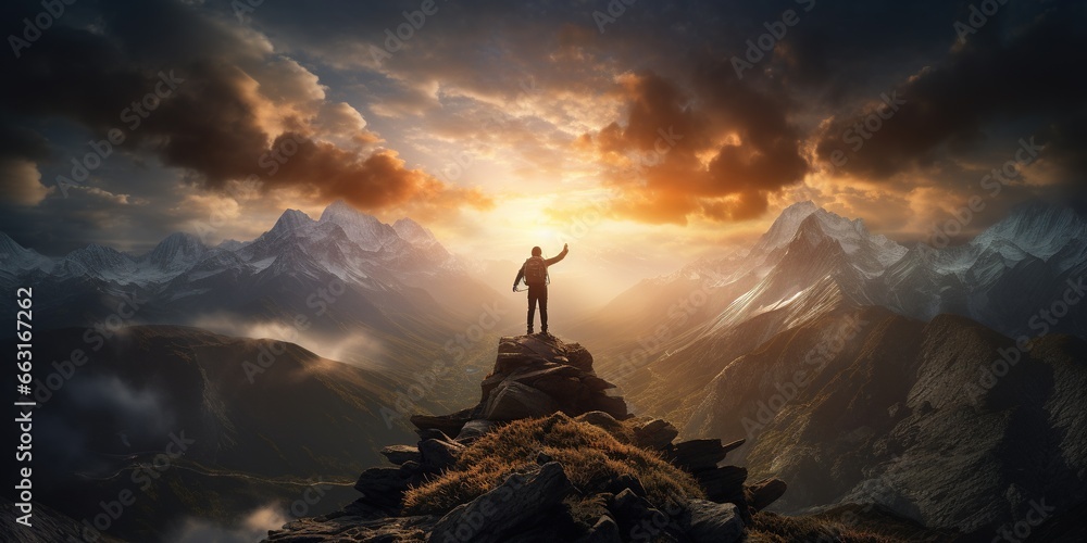 A person standing on top of a mountain at sunset. - obrazy, fototapety, plakaty 