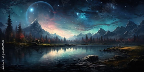 A painting of a night sky with stars above a lake.