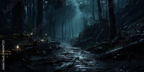 A path in a dark forest at night.