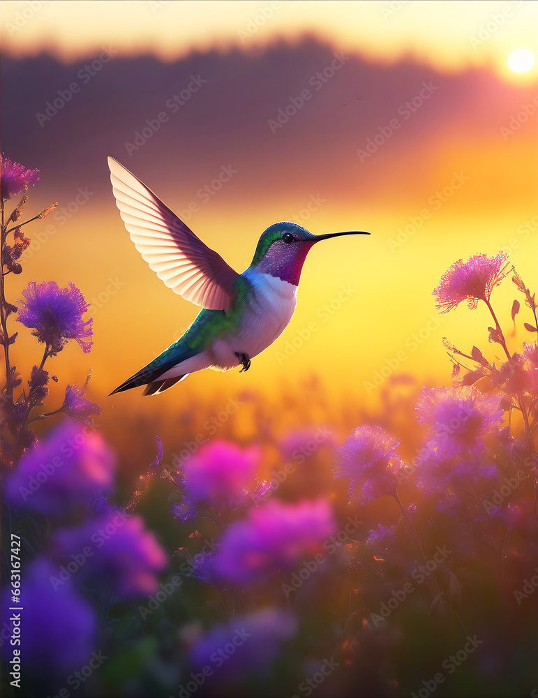 Obraz premium A hummingbird feeding on honey from a flower Vibrant color background, AI Generated.
