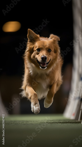 Golden dog leaping in air with a joyful expression during an agility event, with a focus on its gleaming eyes