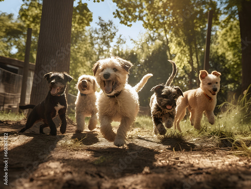 Playful Puppies Running Together in Sunlit Forest, Diverse Dog Breeds Enjoying Nature