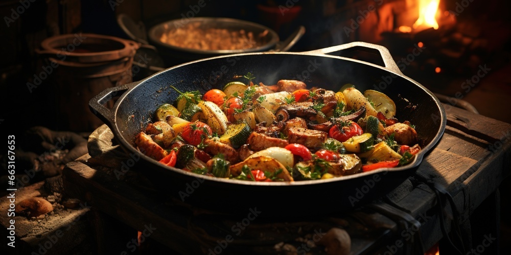 A skillet filled with meat and vegetables on a table. A skillet filled with meat and vegetables on a table.