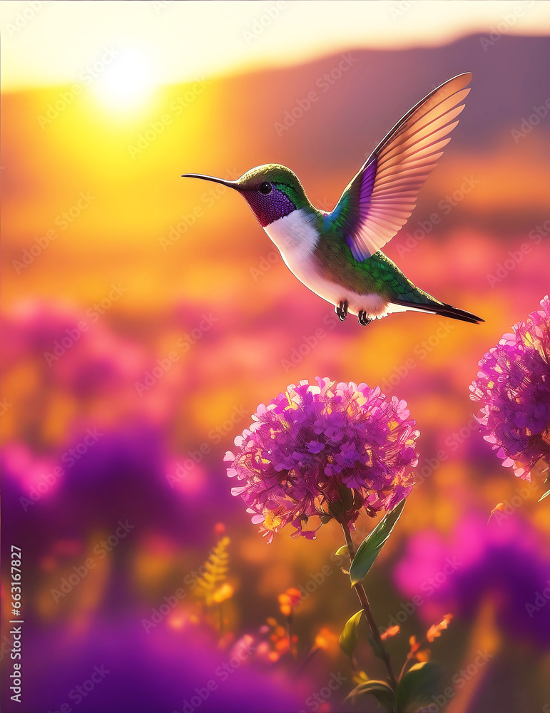 A hummingbird feeding on honey from a flower Vibrant color background, AI Generated. A hummingbird feeding on honey from a flower Vibrant color background, AI Generated.