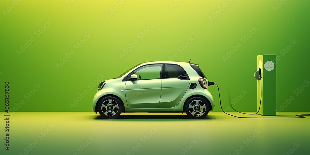 A white electric vehicle plugged into a power outlet against a green background - obrazy, fototapety, plakaty 