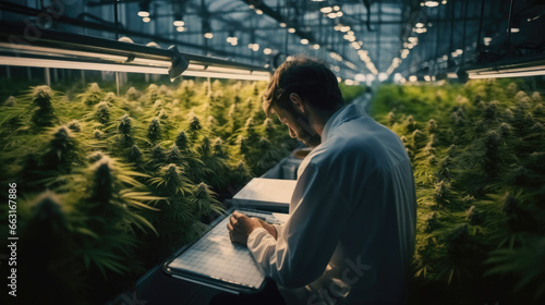 Doctor inspects and working in a greenhouse with cannabis field.