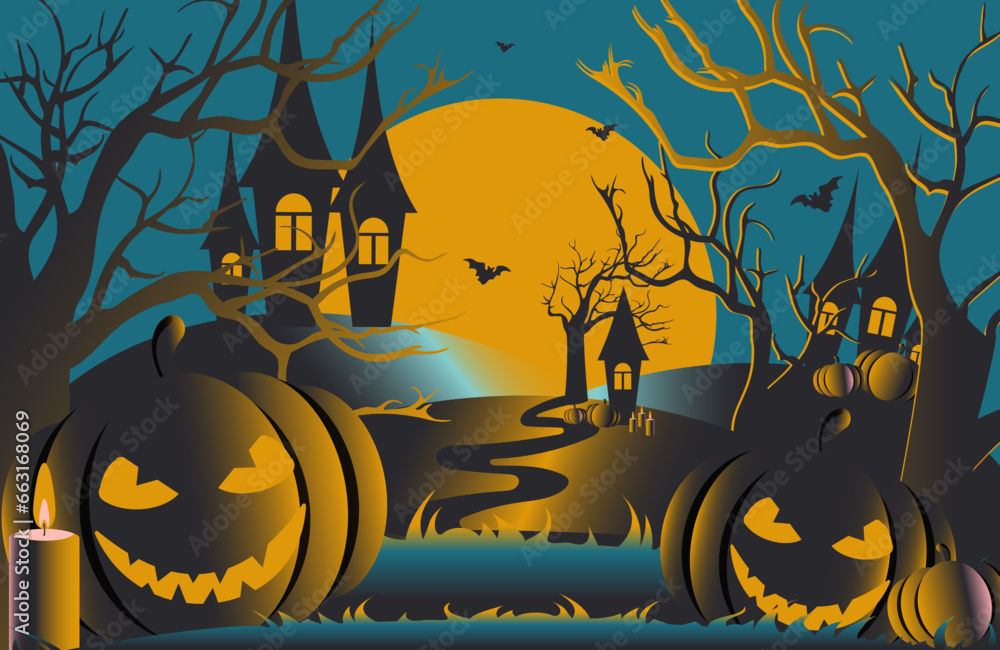 Fototapeta premium Halloween. Modern international spooky holiday All Saints' Day with scary pumpkins at night. Vector.