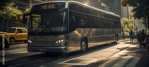A modern bus rides down the street. Megapolis.