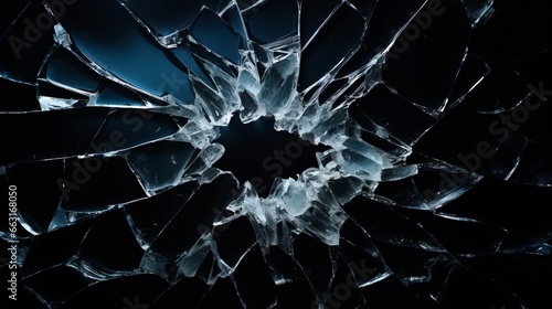 Broken glass on black background. Glass fragments. Shards of glass. photo
