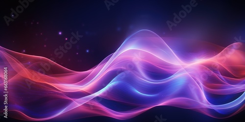 Abstract futuristic background with purple and blue glowing neon moving high speed wave lines and bokeh lights. Visualization of sound waves. Data transfer.