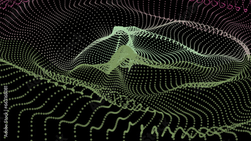 Energy net flows. Dot particle lines penetrating fog. Neon lights plexus of knots. Curved node row space infinity. Linking funnel universe parameters. Background information technology presentation.