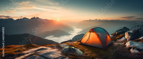 Tent on the mountain with sunrise in the background. Cold lighting. River