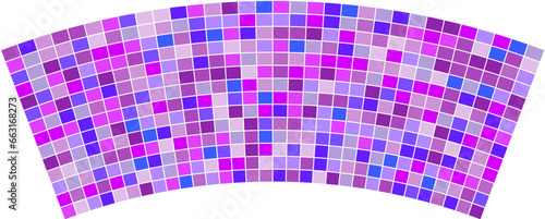 Patchwork quilt made of purple cells. Quilted fabric. Square fields from a bird's eye view. Autumn harvest. Checkered background with distorted squares. Distortion chess pattern. Chessboard surface.