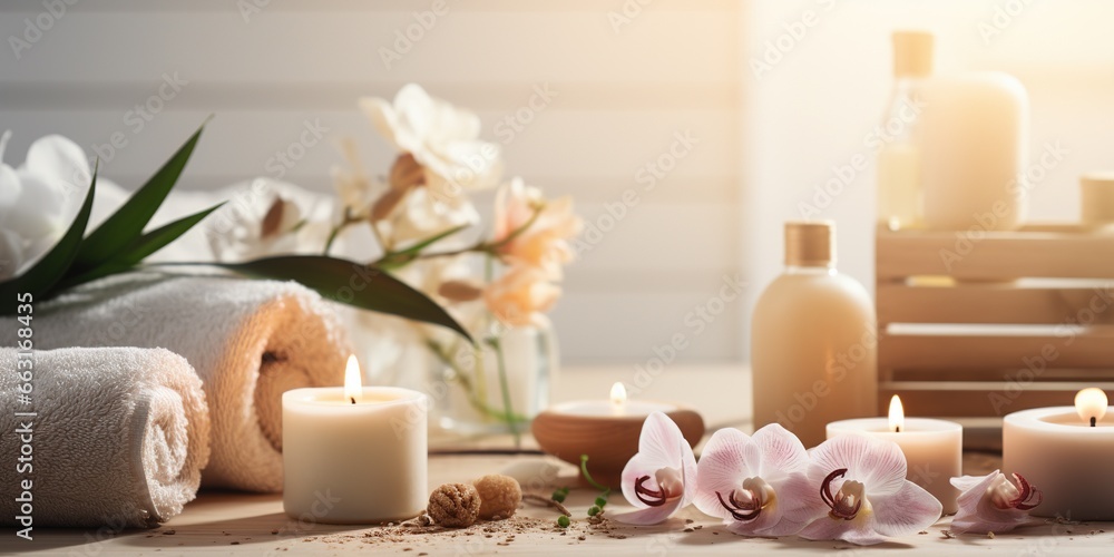 Beautiful spa treatment composition such as Towels, candles, essential oils, Massage Stones on light wooden background. blur living room, natural creams and moisturising Healthy lifestyle