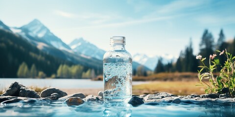 Bottle and glass of pouring crystal water against blurred nature snow mountain landscape background. Organic pure natural water. Healthy refreshing drink.