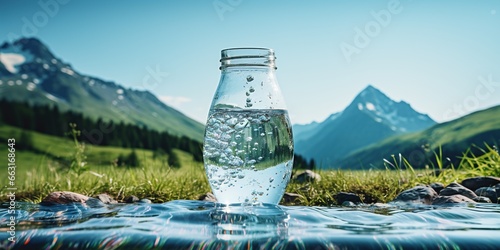 Bottle and glass of pouring crystal water against blurred nature snow mountain landscape background. Organic pure natural water. Healthy refreshing drink. photo