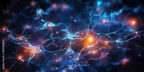 Brain stimulation activity with neuron close - up microscpoe illustration. Neurology, cognition, neuronal network, psychology, neuroscience scientific concepts